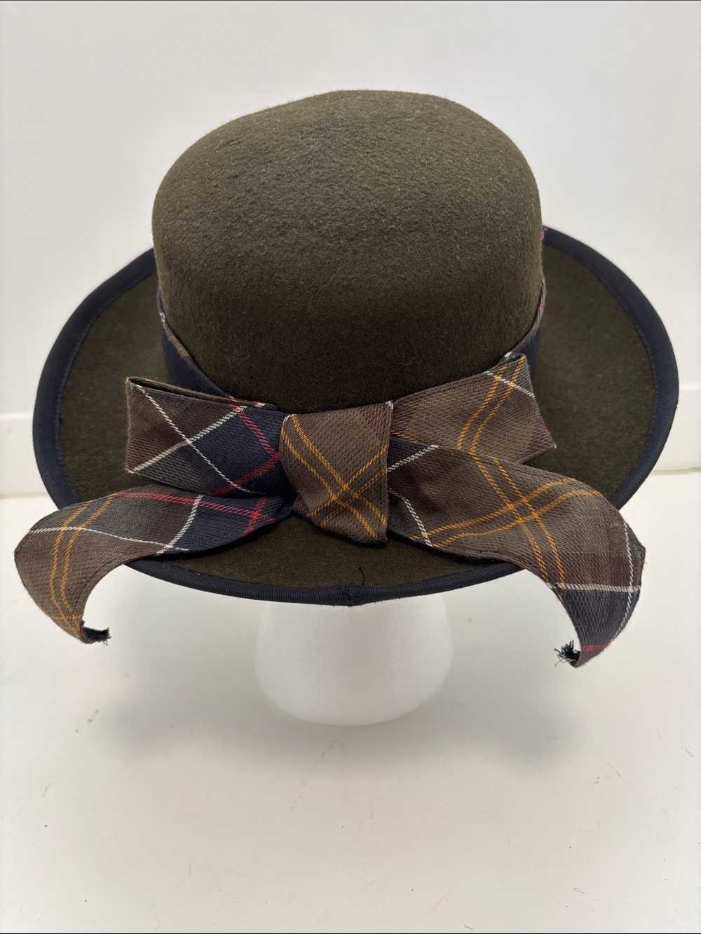 Barbour Olive Bow Cloche Hat with Plaid Ribbon
